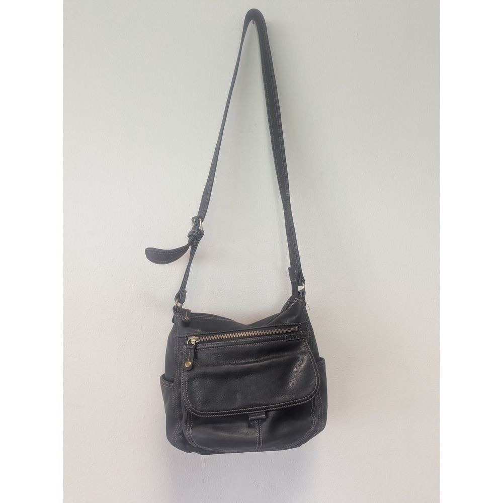 Fossil Black Leather Organizer Crossbody Shoulder Bag Multiple Pockets Vintage